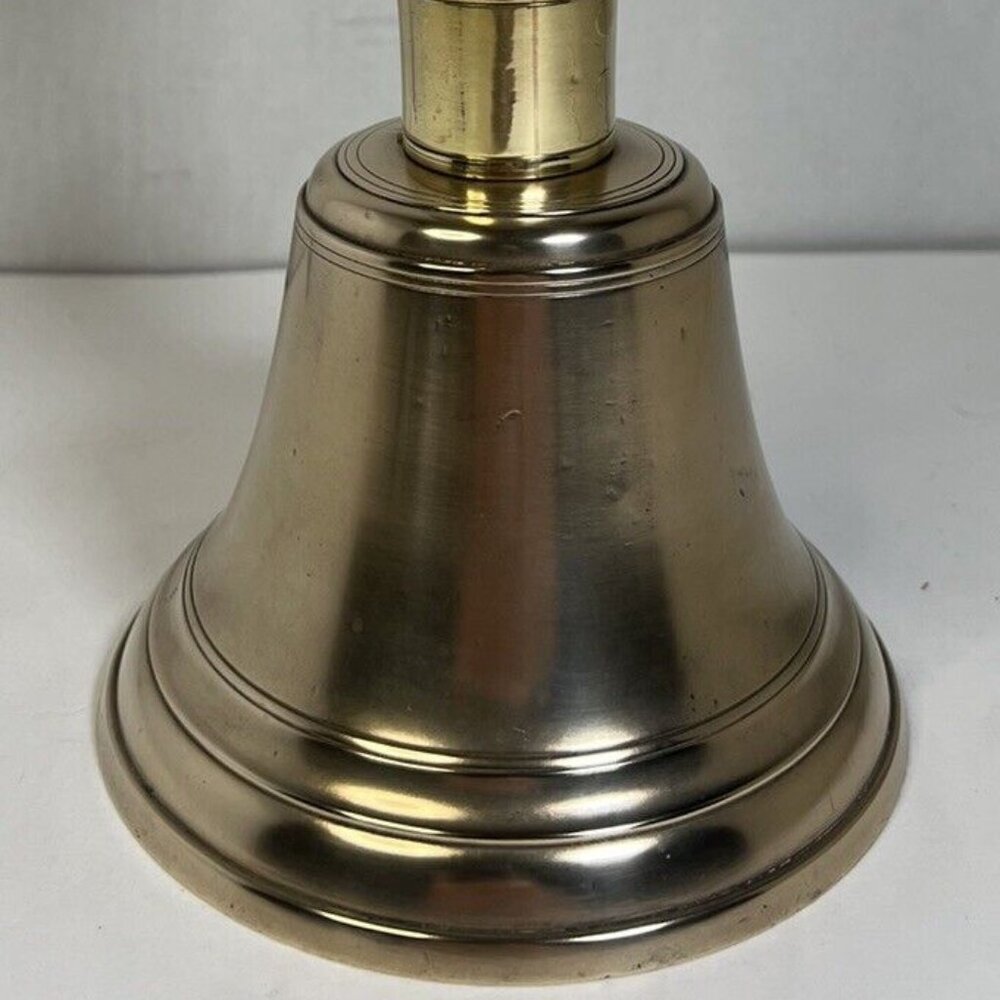 Large Antique Hand Held 12” Brass Teachers School Bell Wood Handle VERY LOUD!!!!